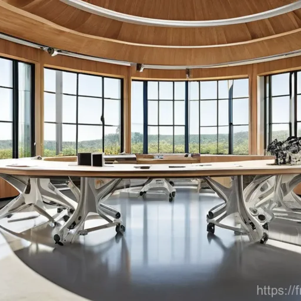 생체모방 기술을 통한 자동화 솔루션 - A vibrant, futuristic research laboratory bathed in soft, natural light filtering through large, cur...