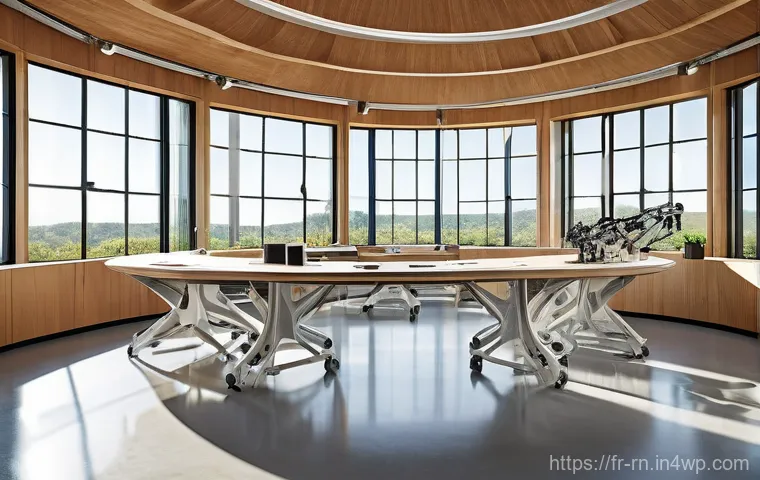 생체모방 기술을 통한 자동화 솔루션 - A vibrant, futuristic research laboratory bathed in soft, natural light filtering through large, cur...