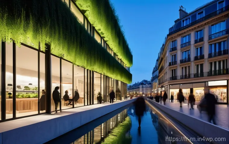 생체모방 혁신을 위한 연구기관 협력 - **Urban Bioluminescence and Air Purification in a French City:**
    A futuristic, serene cityscape ...