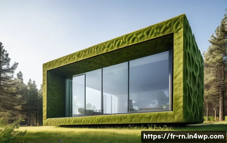 생체모방 기술을 활용한 스마트 홈 디자인 - **Prompt:** A futuristic, minimalist smart home exterior seamlessly integrated with nature. The wall...