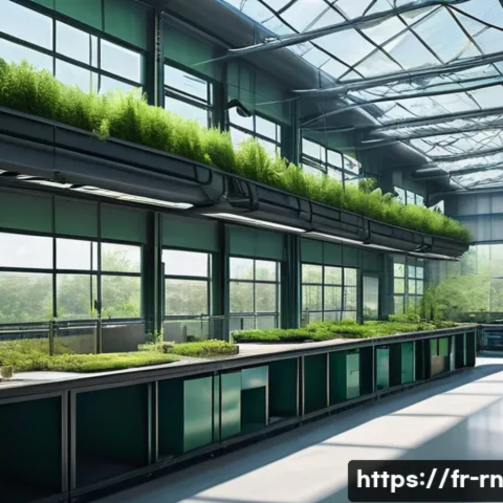 생체모방 혁신과 기업의 사회적 책임 - A futuristic French industrial factory interior inspired by biomimicry, showcasing eco-friendly manu...