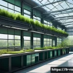 Home 22 생체모방 혁신과 기업의 사회적 책임 - A futuristic French industrial factory interior inspired by biomimicry, showcasing eco-friendly manu...