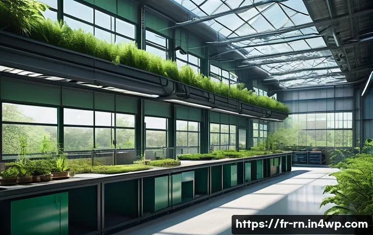 생체모방 혁신과 기업의 사회적 책임 - A futuristic French industrial factory interior inspired by biomimicry, showcasing eco-friendly manu...