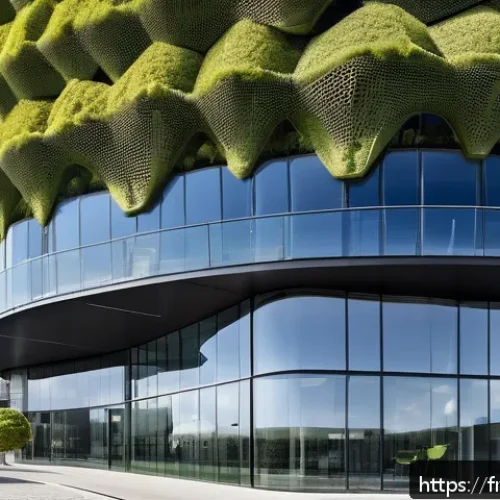 Home 32 생체모방 혁신의 경제적 가치 - A futuristic sustainable office building in a French city, featuring biomimetic architecture inspire...