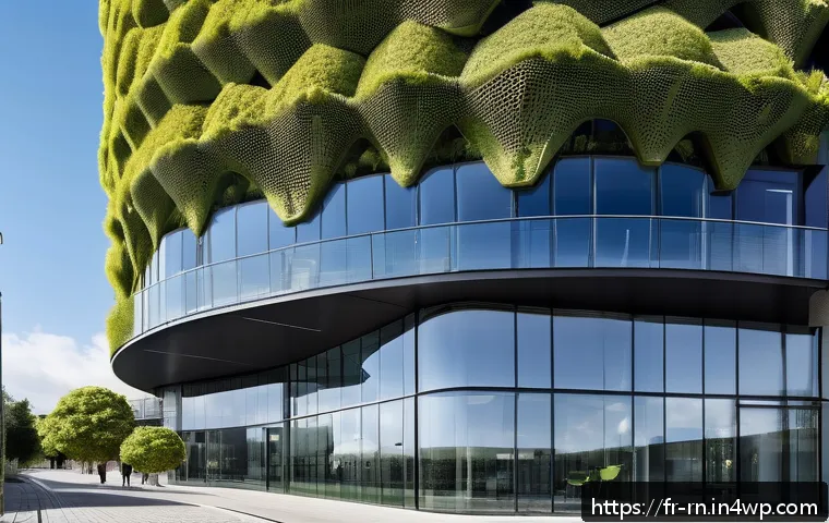 생체모방 혁신의 경제적 가치 - A futuristic sustainable office building in a French city, featuring biomimetic architecture inspire...