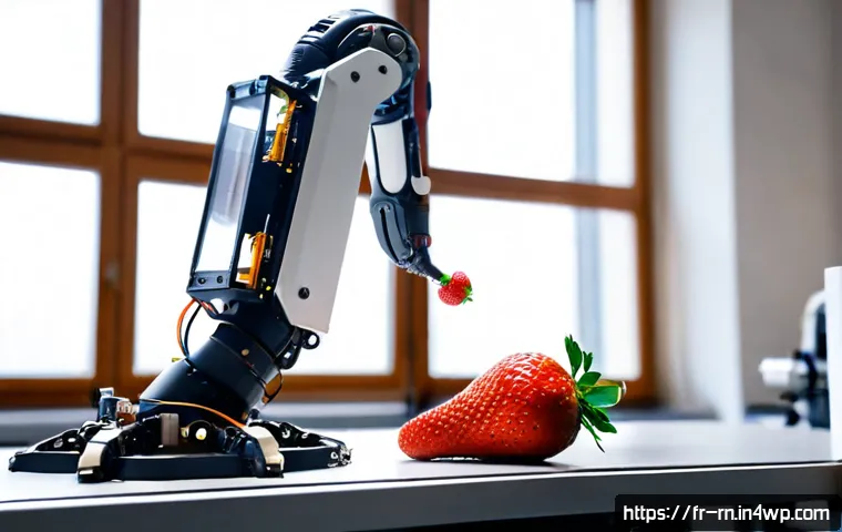Home 17 생체모방 혁신을 통한 로봇 기술 발전 - Photorealistic advanced robotics laboratory in France, a sleek soft robotic gripper inspired by an o...
